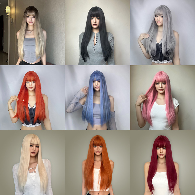 Cross-border Trendy Women's Multi-color Straight Bangs Long Straight Hair Daily Natural Fluffy Breathable Harajuku Style Wig in stock Cross-border Trendy Women's Multi-color Straight Bangs Long Straight Hair Daily Natural Fluffy Breathable Harajuku Style Wig in stock