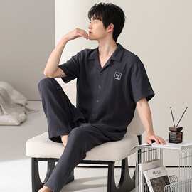 春夏新款纯棉纱布男士短袖长裤开衫翻领睡衣简约休闲男家居服