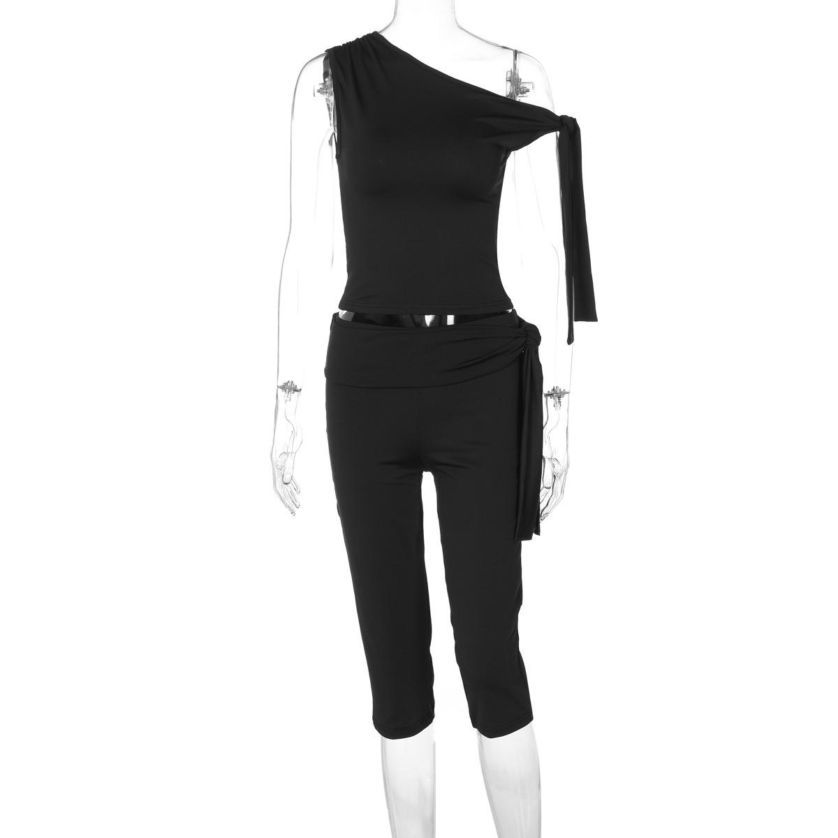 Women's Clothing Women's Sleeveless Asymmetrical Neck Top And Tie Shorts Versatile Set Slim Fit Street Style Fashion Autumn_ecoleips.com