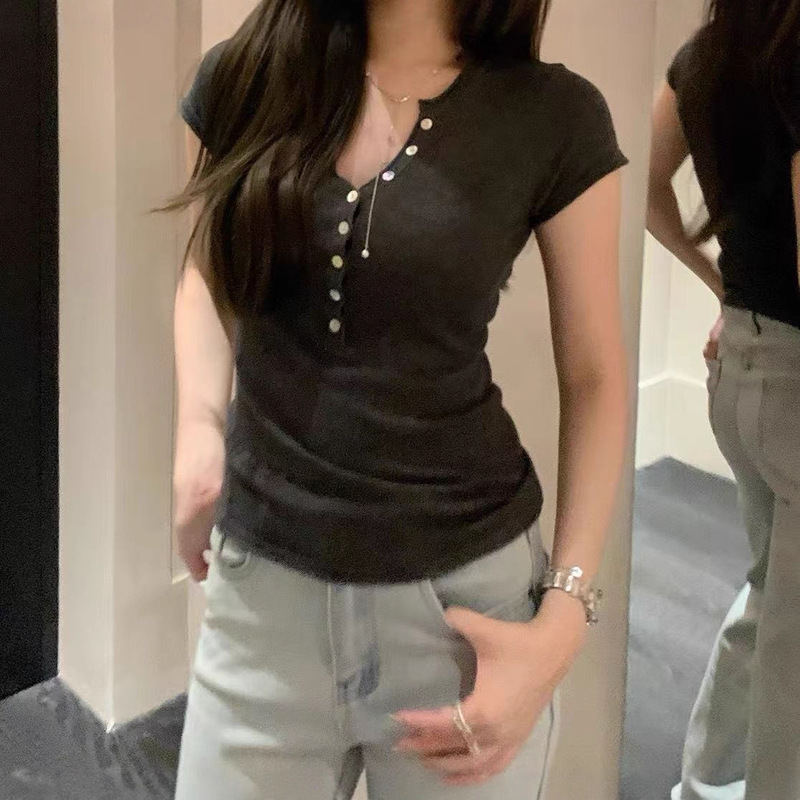 2025美式老钱风半开领设计感针织短袖T恤女夏季时尚休闲上衣绝美|undefined