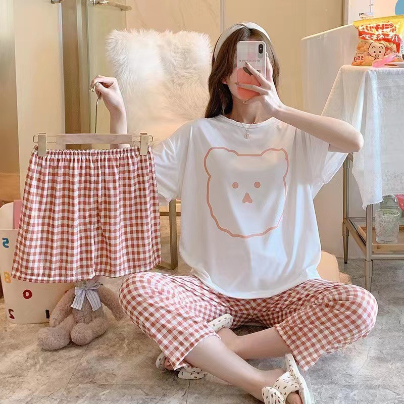 [conjunto de tres piezas] pijamas de mujer nuevo cuello redondo de verano manga corta ropa casera casual pantalones cortos sueltos set