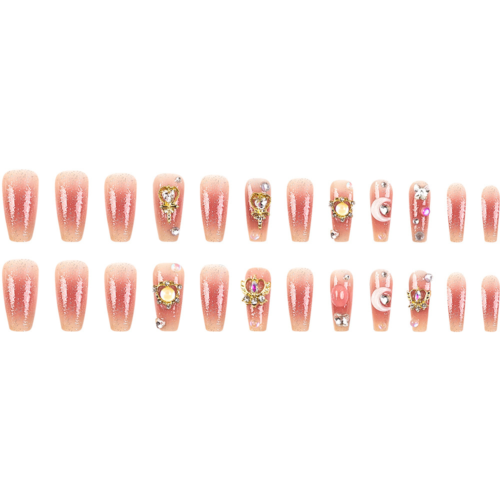 Las mejores ventas de color rosa blanco amor manicura dulce romántico diamante para usar uñas 24 piezas empaquetadas parches de uñas falsas