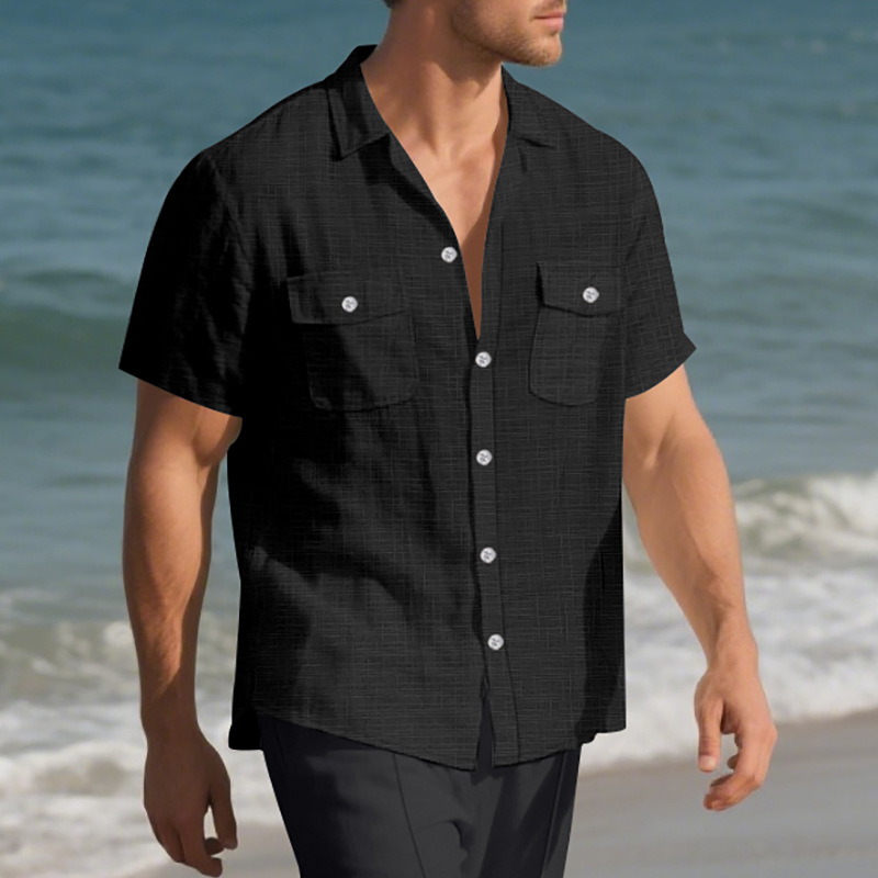 Chemise d'été à manches courtes pour homme, couleur unie, double poche, décontractée, pour les vacances_voghion.com