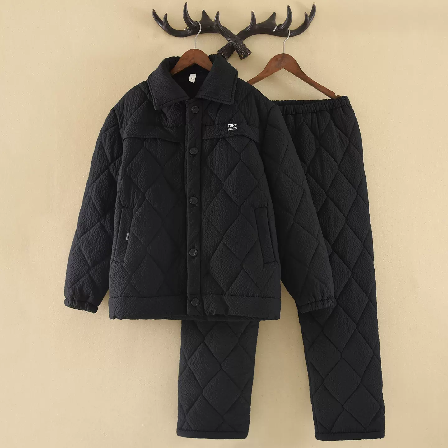 黑色翻领睡衣冬天男款可外穿三层夹棉男士加厚加绒法兰绒家居服套