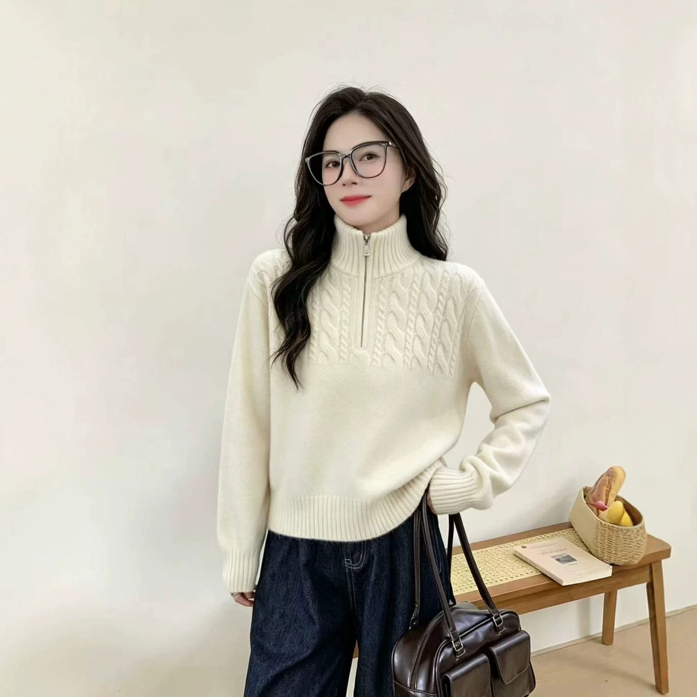 2025 Autumn and Winter New Style Half-Zip Stand-Up Collar Cable Knit Sweater for Women, Lazy Style, Versatile and Loose-Fitting Korean Style