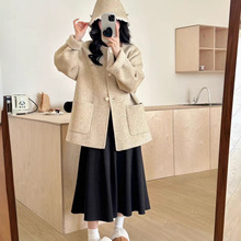 送包包帽子双面羊毛大衣女 圆领短款小香风小个子羊毛呢外套加厚