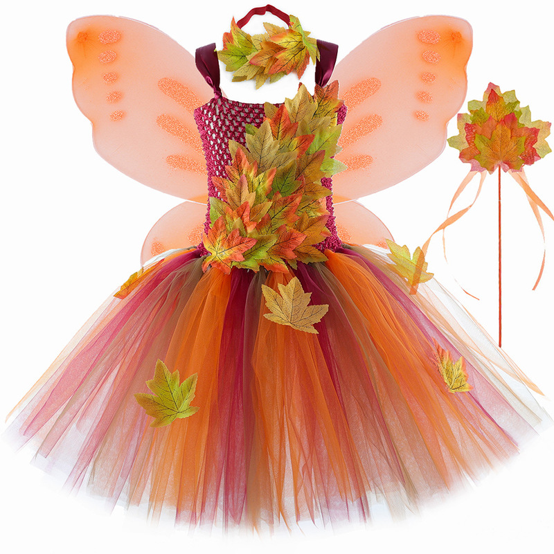 European and American New Children's Maple Leaf Princess Dress Thanksgiving Girl Fairy Tutu Dress Mesh Tutu Dress European and American New Children's Maple Leaf Princess Dress Thanksgiving Girl Fairy Tutu Dress Mesh Tutu Dress