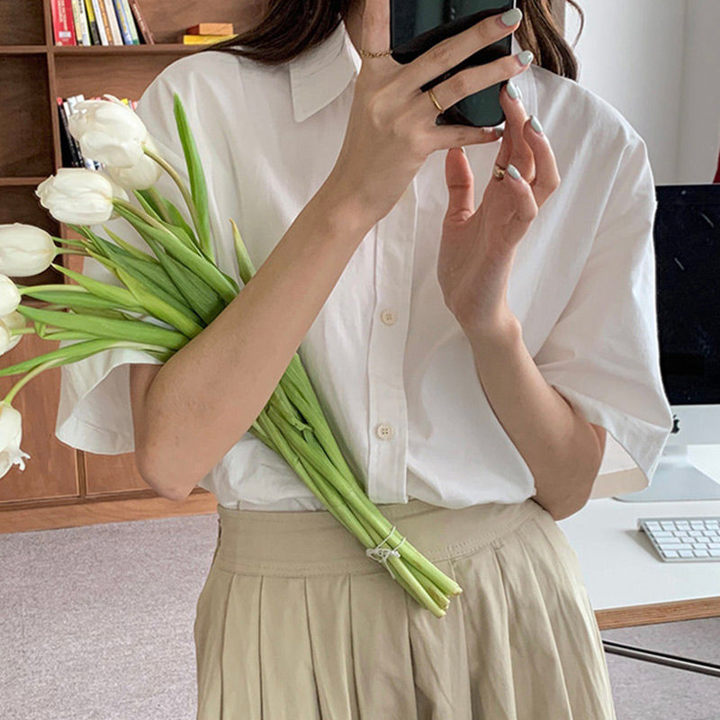 White Short-sleeved Shirt Women's Spring and Summer 2025 New Korean-style Retro All-match Ins-style Loose Slim Shirt Top