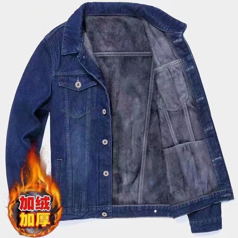 Winter fleece denim jacket men's trend m...