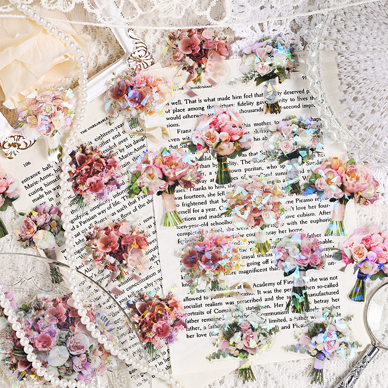 Amor a cuatro pegatinas transparentes impermeables para mascotas bolsas dichas conchas láser pegatinas de flores para diarios desnudos