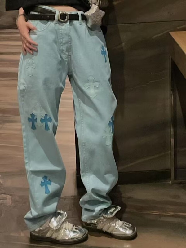 正确版CH克罗伈十字架皮标水洗牛仔裤情侣街头宽松春秋男女长裤款|undefined