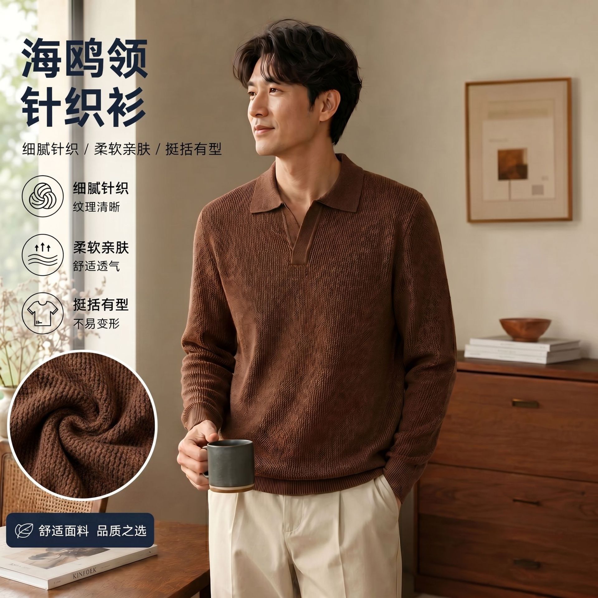 Suéter Masculino de Tricô com Gola Piquet Dengjie, Suéter Masculino de Luxo Leve e Grosso para Outono, Suéter Casual de Negócios Quente com Gola Tesoura