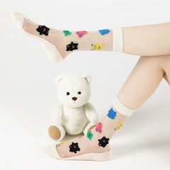 夏日彩色多巴胺襪子女學生絲襪可愛卡通中筒花襪透明透氣防臭短襪