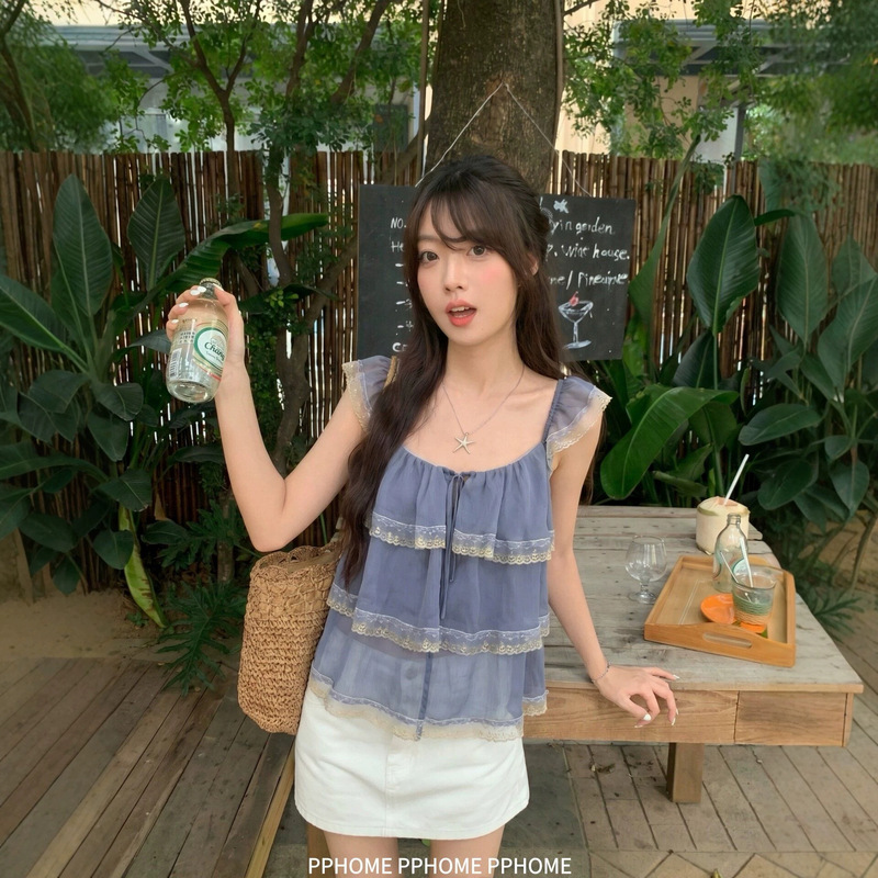 Korean-Style Sweet Lace Patchwork Flutter Sleeve T-Shirt for Women, Summer Apricot Color Ruffled Short Backless Youthful Top Korean-Style Sweet Lace Patchwork Flutter Sleeve T-Shirt for Women, Summer Apricot Color Ruffled Short Backless Youthful Top