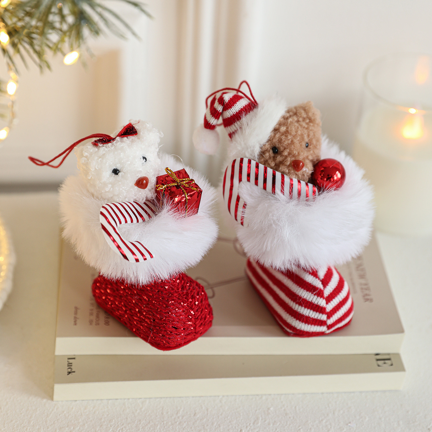 Nuevas botas blancas magenta regalo de peluche osos muñecas elf árbol de Navidad colgante decoración juguetes