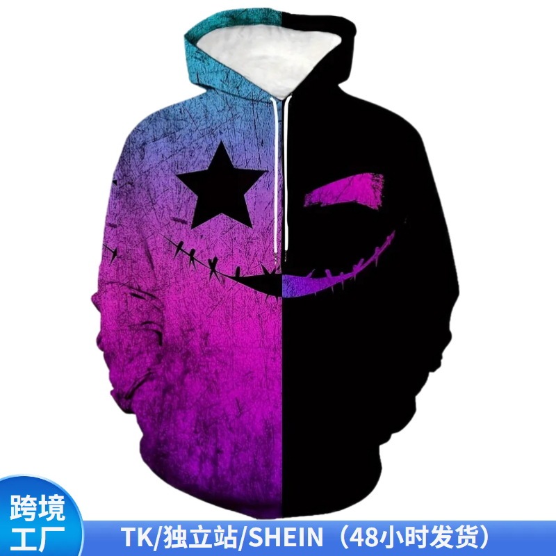 Cross-Border Autumn 3D Digital Print Sweatshirt for Men with Smiley Face Horror Pattern Pullover Hoodie Street Style Quirky Casual Outerwear