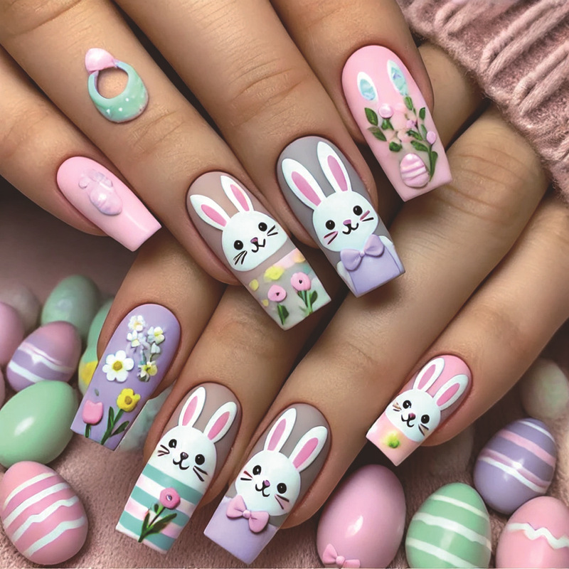 Color Striped Cartoon Bunny Design Flower Egg Rectangular Dressing Armor Spring Easter Nail Art Nail Pieces