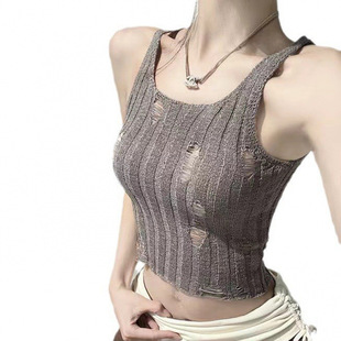 Summer New Design 2025 Slim Hot Girl Cut Out Hole Knitted Camisole Women's Sleeve Short Top