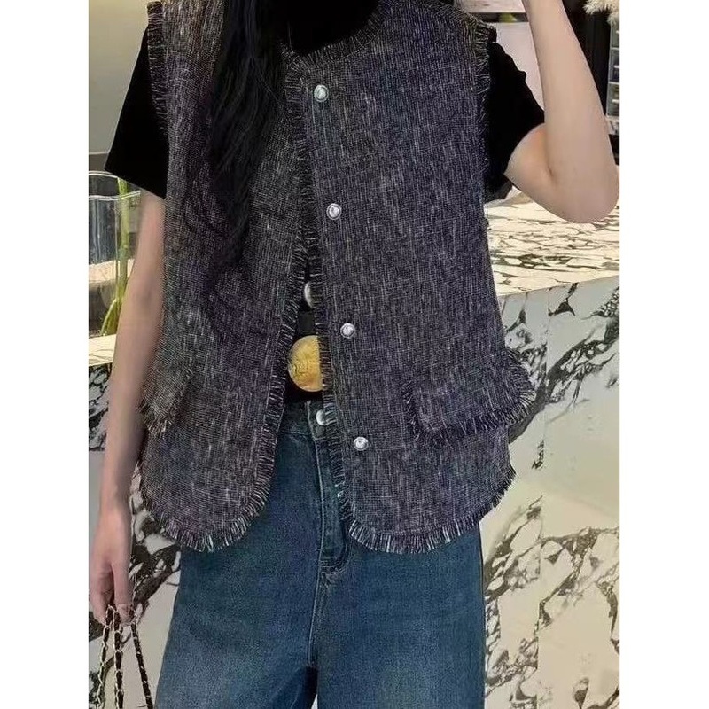 小香风马甲女圆领无袖单排扣设计感毛边马夹背心时尚百搭叠穿外套|undefined