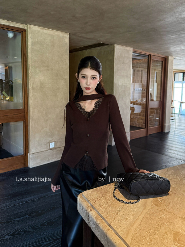 LS述致 花边拼接设计针织小衫上衣女2025秋新款内搭毛衣女装6909#|undefined