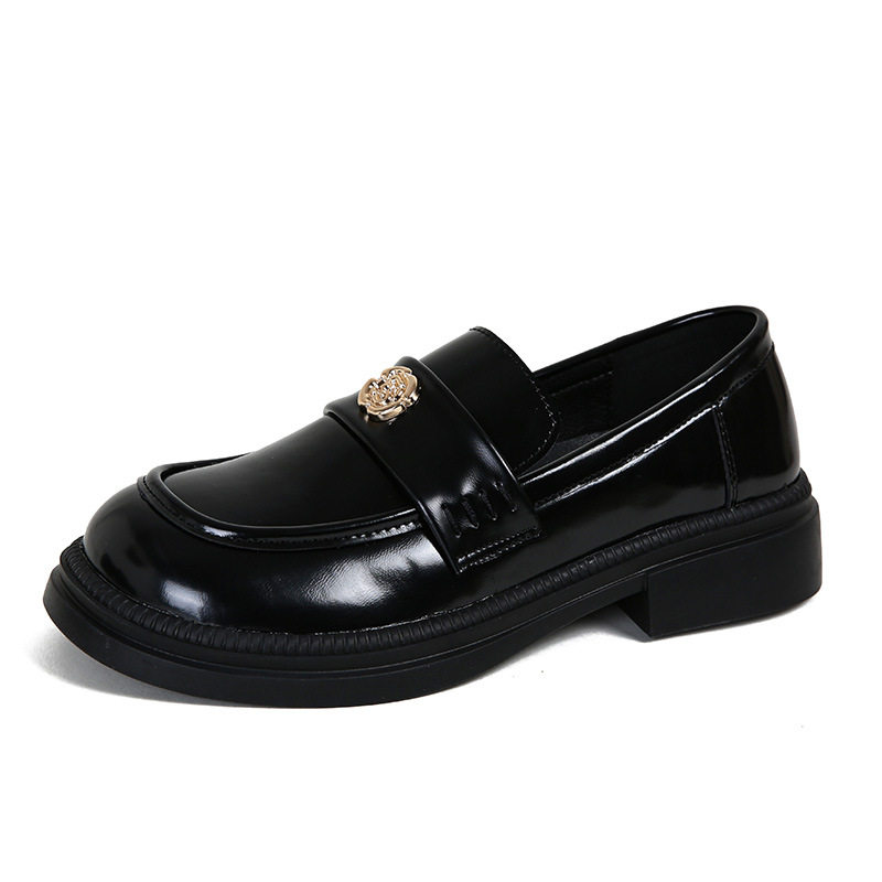 Giày lười nữ da phong cách Anh khóa xu, đế dày gót 3–5 cm, mũi tròn, size lớn — Màu Đen/lót nhung, Màu đen/lót một lớp