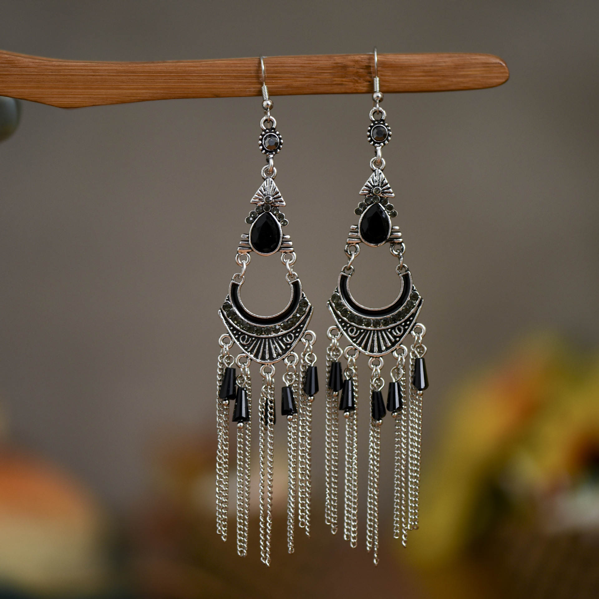 Fashion traditional tassel womens long ethnic crystal chain alloy earringspicture4