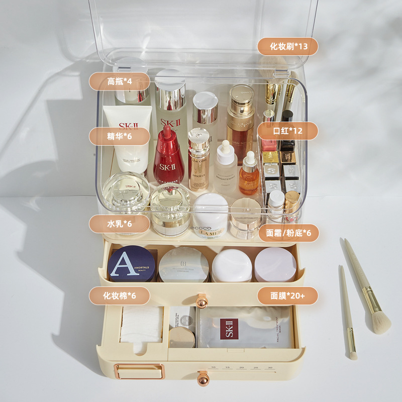 Caja de almacenamiento de cosméticos a prueba de polvo Caja de almacenamiento de cosméticos de gran capacidad Caja de acabado de escritorio Caja de vestuario Estante de productos de cuidado de la piel