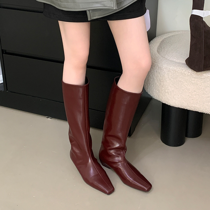 方头长靴女2025秋冬季新款女靴平底靴子长筒靴高筒靴气质瘦瘦靴子|undefined