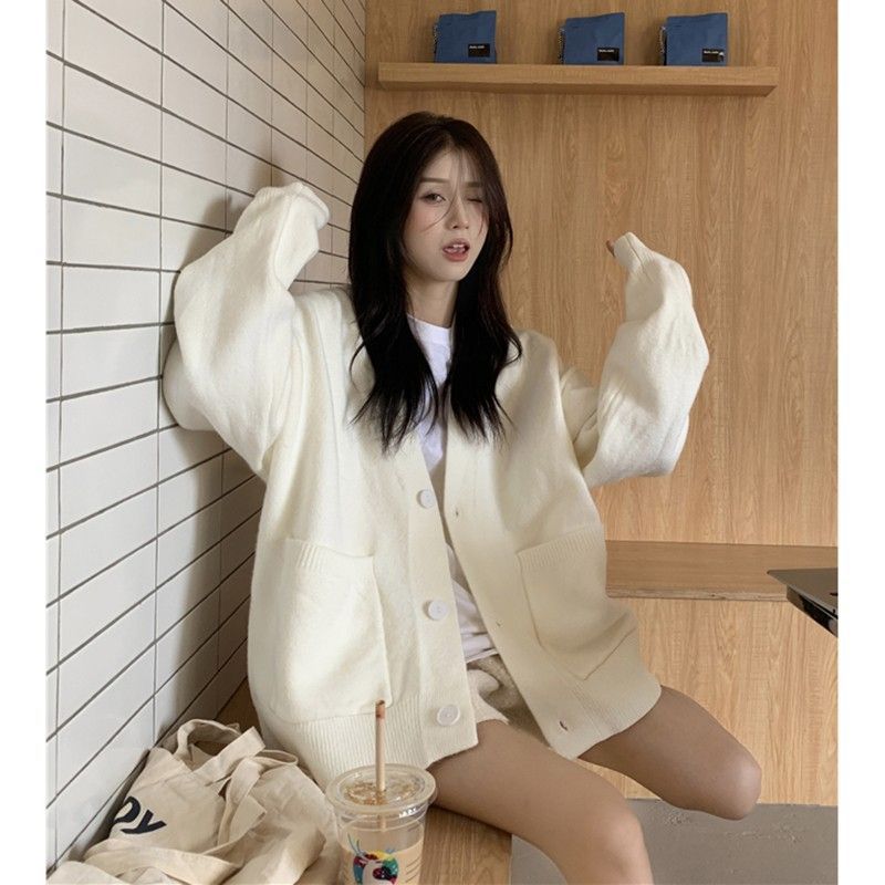慵懒风温柔V领毛衣外套女春秋新款百搭长袖宽松白色针织开衫上衣|undefined