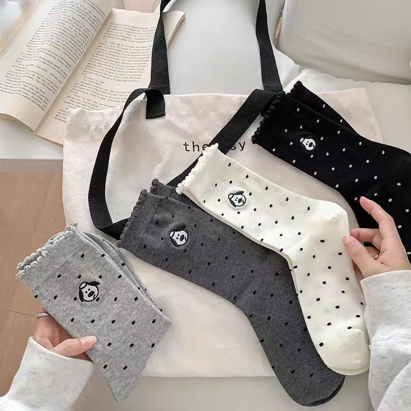 Socks Women's Mid-tube Socks Spring and Autumn Japanese Style Cartoon Cute Ins Trendy Puppy Lace Bubble Mouth Wave Dot Pile Socks