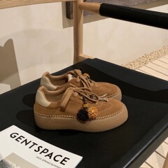 增高4cm~松果流苏圆头厚底休闲板鞋系带德训鞋女多巴胺2025新款4