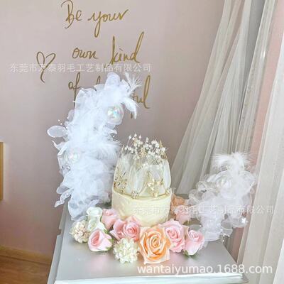 网红同款羽毛纱花月亮船蛋糕装饰羽毛船纱花艺术蛋糕装饰花纱船|ms