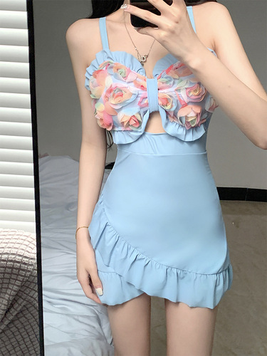 Flower bud one-piece skirt style slim conservative swimsuit for women hot spring beach vacation sweet girl student new style
