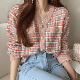 韩国chic减龄复古彩色格子V领单排扣宽松长袖针织开衫毛衣外套女