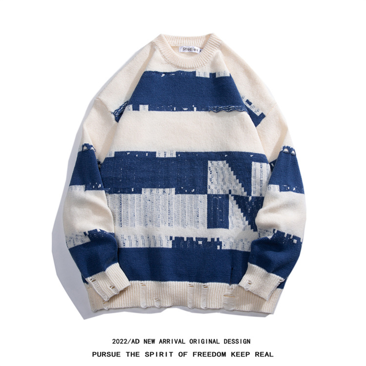 Men's Clothing Men's Oversized Knit Sweater - Trendy Unisex Casual Pullover With Stylish Jacquard Design, Comfortable Loose Fit For Autumn & Winter​_viptrois.com