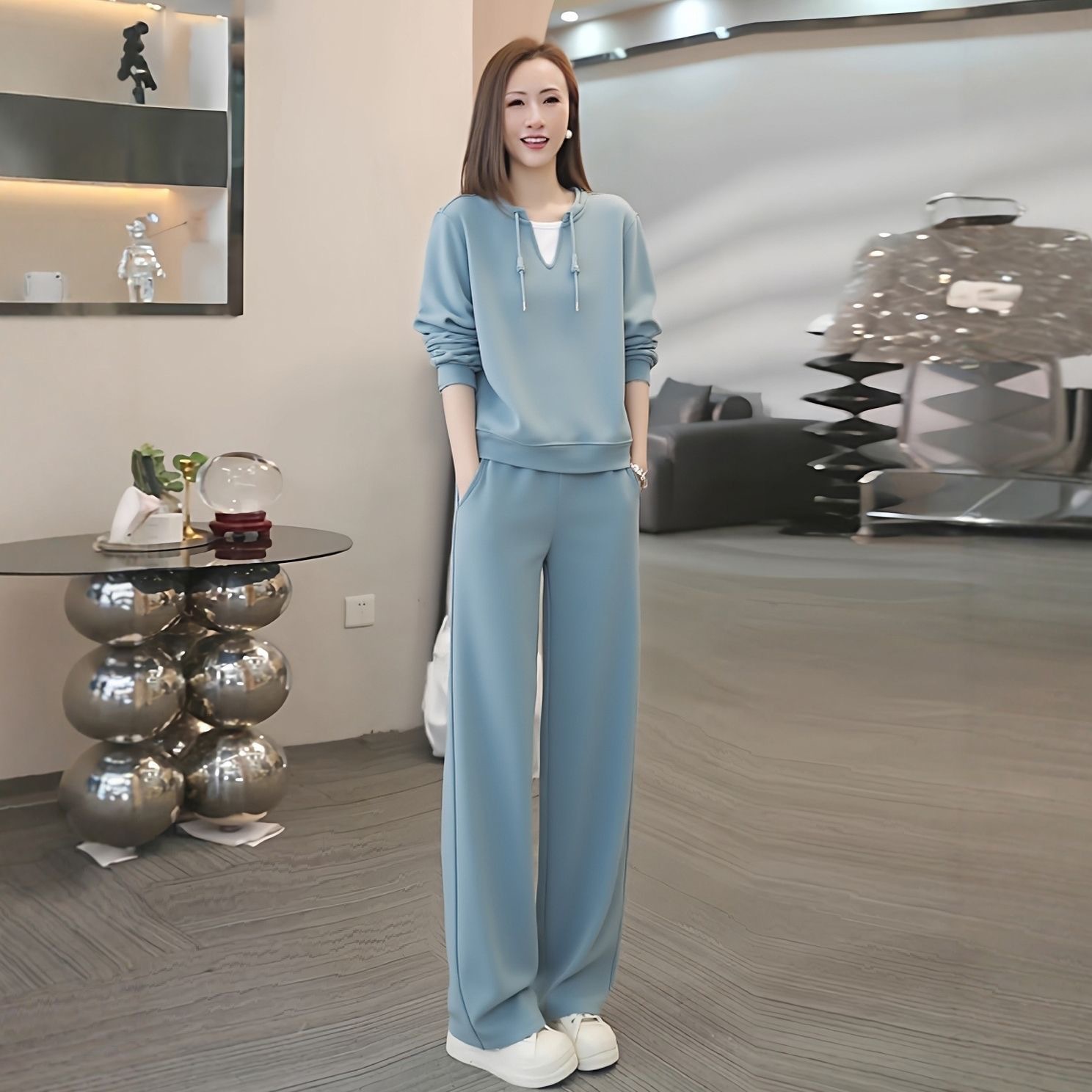 Lazy Style Casual Sports Suit for Women 2025 New Autum High-End Fake Two-Piece Sweatshirt Wide-Leg Pants Two-Piece Set