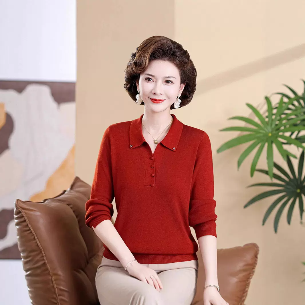 时尚中老年女装大码T恤长袖小衫2025秋装翻领薄针织小衫妈妈上衣