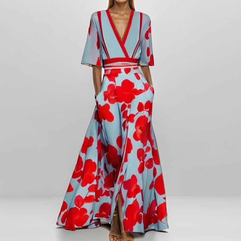 2024 New Amazon European and American Fashion Elegant Elegant V Neck Printed Pleated Large Skirt Long Dress