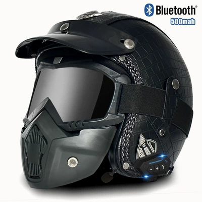 motorcycle retro helmet men's and — Motosiklet kaskı (dəbilqə) - v-black-plaid-mask-bluetooth-s