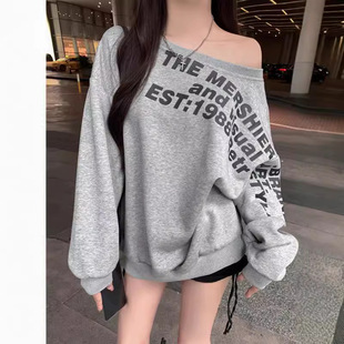 American Style Shoulder Letter Printed Long-Sleeved Sweat Women's Autumn Hot Girl Shoulder-Shoulder Design Loose Slimming Top Ins
