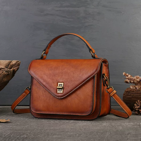 Vegetable-Tanned Leather Women's Handbag, Street-Style Vintage Messenger Bag, High-End Envelope Bag, Genuine Leather Shoulder Crossbody Bag