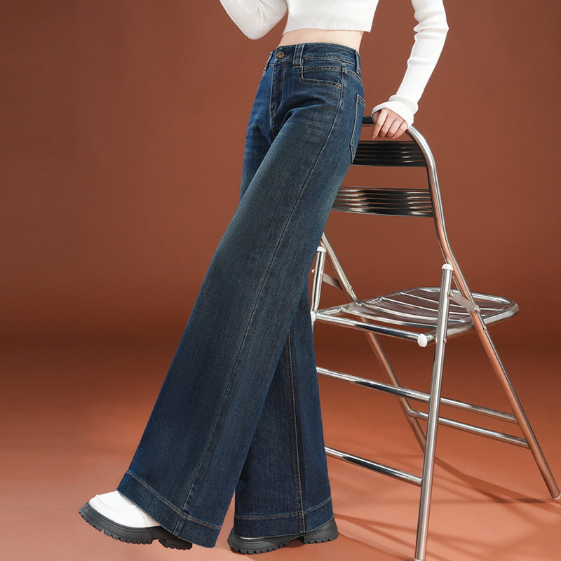 Fleece-Lined Thickened Fashionable Straight-Leg Denim Wide-Leg Pants for Women, 2025 Autumn and Winter New Trendy Popular Long Pants