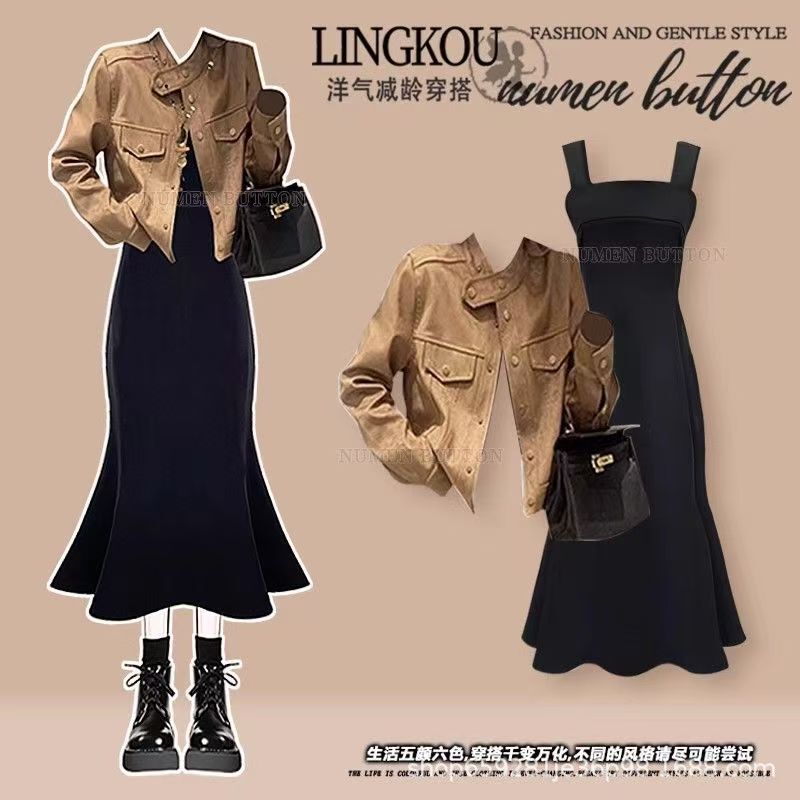 Plus Size Autumn French Style Suit for Women, Small Fragrant Style Age-Reducing Jacket and Fishtail Suspender Dress Two-Piece Set