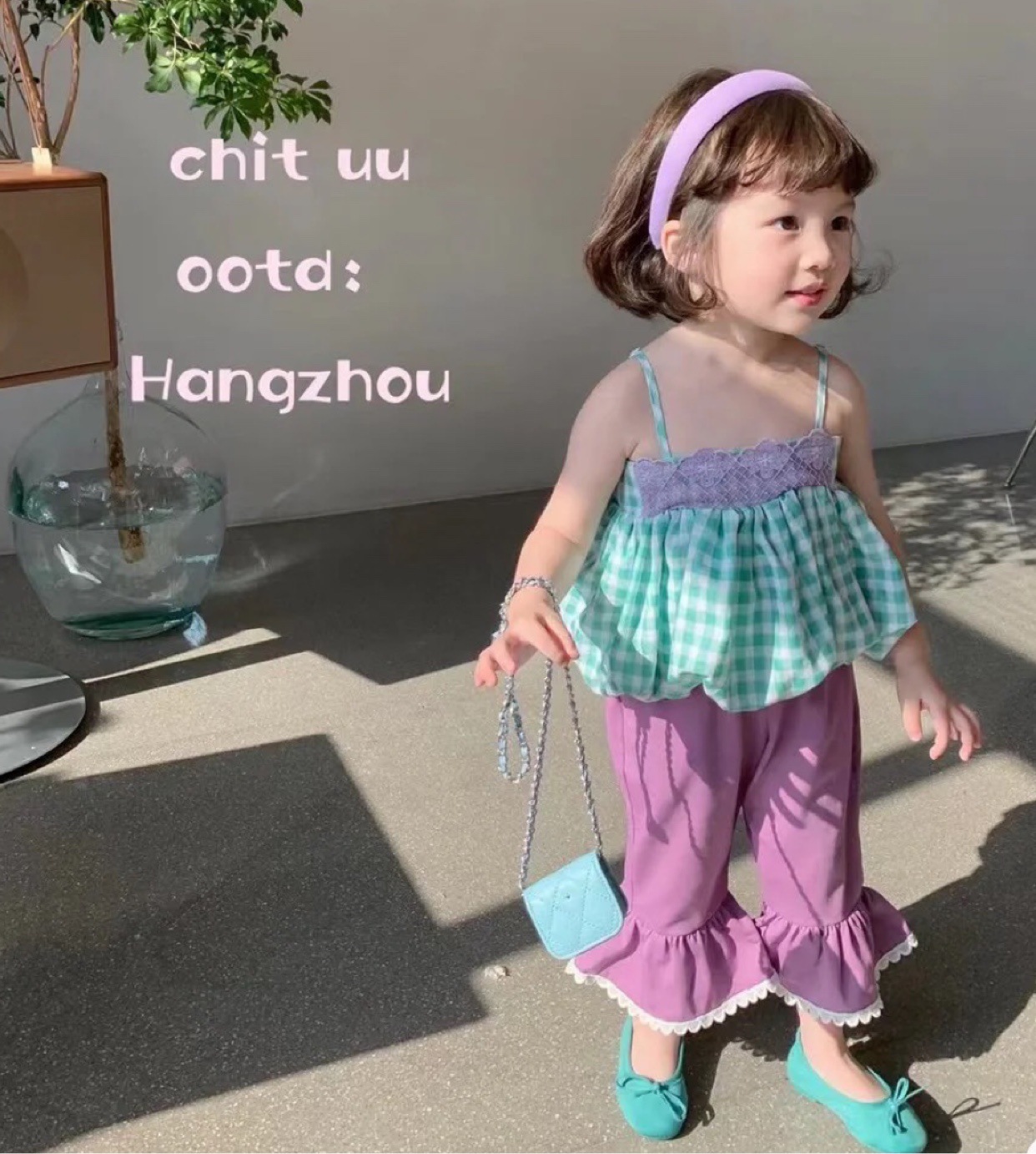 Korean Children's clothing girl summer suit 2022 new pattern lattice camisole vest CUHK violet trousers Two piece set