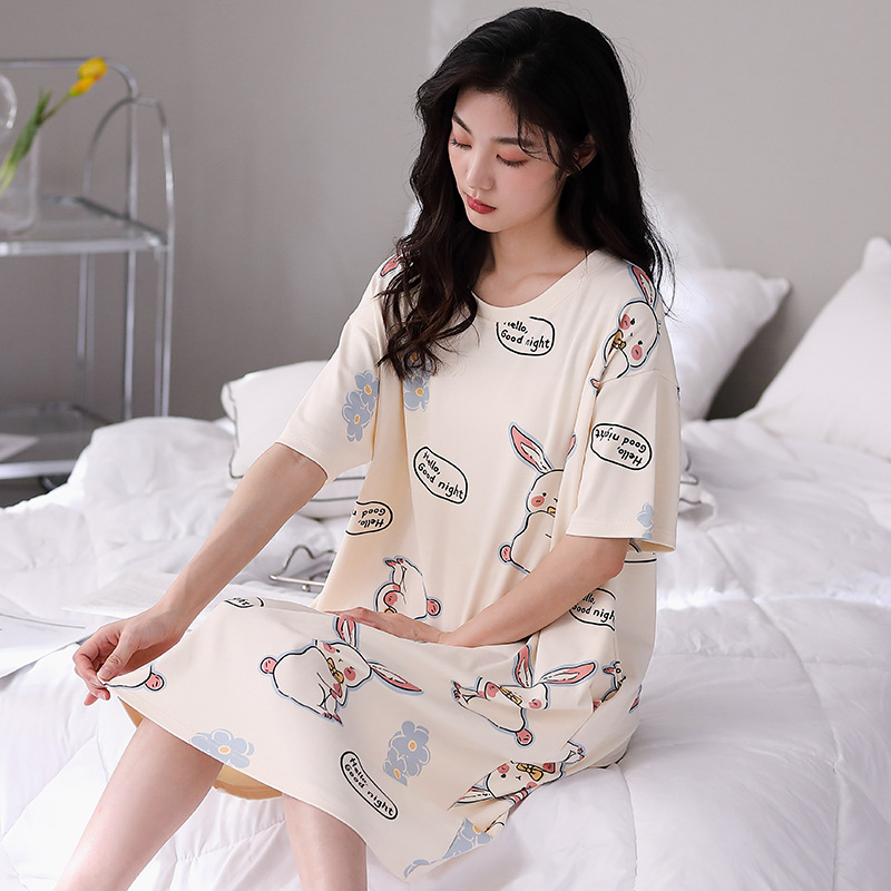 Camisón para las mujeres primavera y verano nuevo Algodón puro lindo casual más tamaño pijamas suelta delgada homewear Vestido de manga corta