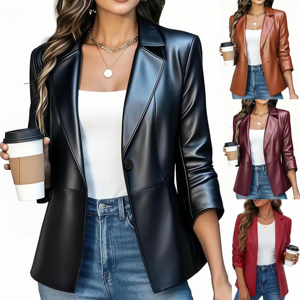 2026 European and American Cross-Border Amazon Spring & Fall New Pu Motorcycle Leather Suit Jacket Slim Casual Work Clothes for Women