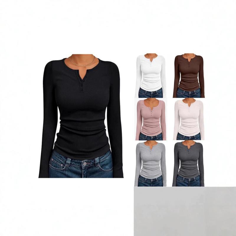 Amazon Fashion Women's Long Sleeve 2025 Autumn Slim Fit Henley Neck Top Ribbed Fashion Basic Women's T-Shirt Amazon Fashion Women's Long Sleeve 2025 Autumn Slim Fit Henley Neck Top Ribbed Fashion Basic Women's T-Shirt