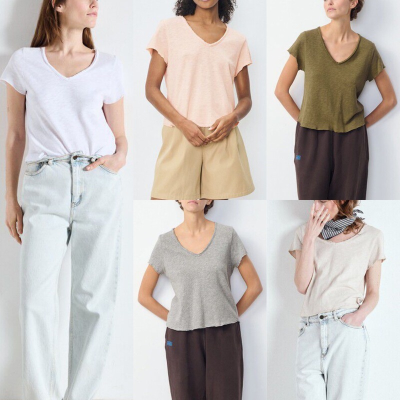 American Vintage Brushed Bamboo Cotton Rolled Edge V-Neck Loose Slimming Classic Versatile T-Shirt Short Sleeve