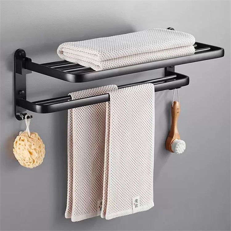 후크가있는 블랙 더블로드 접이식 목욕 수건 걸이