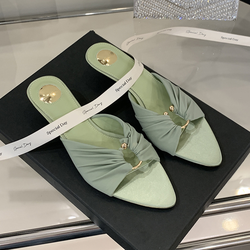 Popular 3cm Fashionable Open-Toe Women's Shoes, Pointed-Toe Satin Sandals, European And American Style, Metal Buckle Cat_vogvips.com